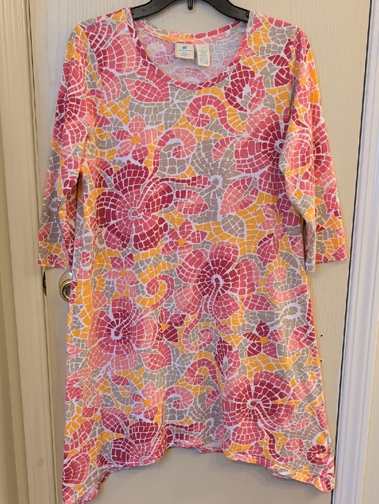 Caribbean Joe Tops - Caribbean Joe Floral Mosaic Cotton Dress 1X Pink Yellow Shark Bite Hem Tunic Top